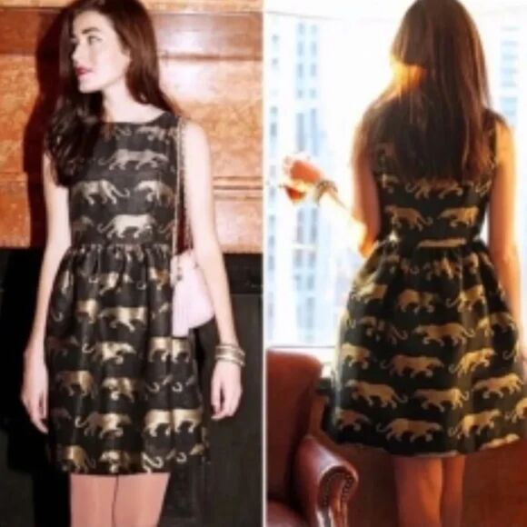 Anthropologie Eyedoll Black Gold Panther Cocktail Dress Pockets Fit Flare Size 0 - Picture 12 of 12